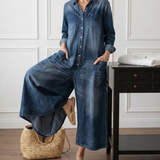 Diana | Vintage denim overal z praného bavlněného materiálu s knoflíkovým zapínáním